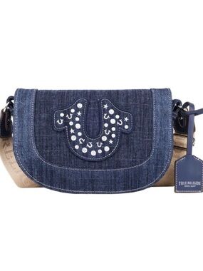True Religion Denim Crossbody Bag in Dark Blue and Beige